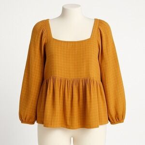 Madewell XS Peplum Top Mustard Yellow‎ Plaid Square Neck Long Sleeve Cottagecore